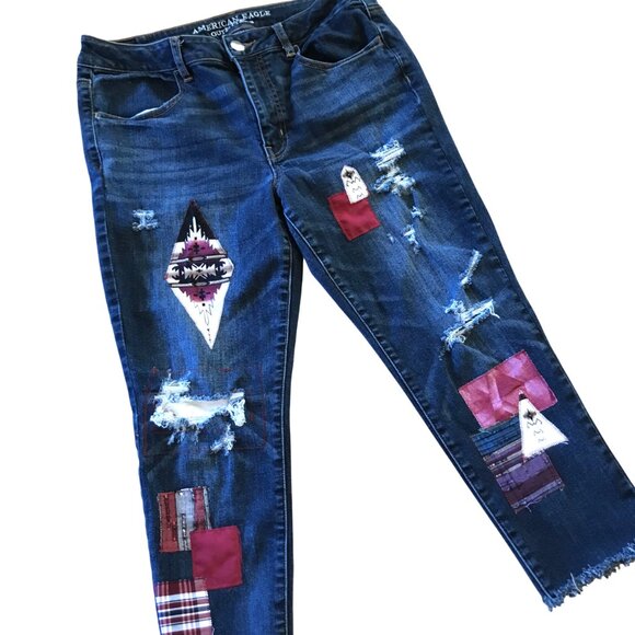 Upcycled Aztec Tribal Patchwork Jeans, Junior Size 12: Distressed Cropped Denim - Picture 1 of 13